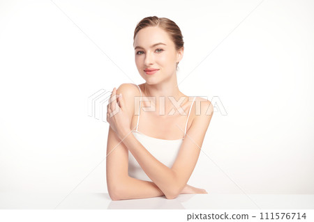 Beautiful young woman with clean fresh skin on white background, Face care, Facial treatment, Cosmetology, beauty and spa, women portrait. Beautiful young woman with clean fresh skin on white background, Face care, Facial treatment, Cosmetology, beauty and spa, women portrait. 111576714