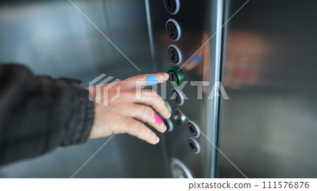 Man presses elevator button, his hands coronavirus 111576876