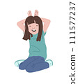 A cheerful, smiling young woman, the girl sits on her knees and holds her hands above her head like the ears of a hare. Vector illustration in flat style. 111577237