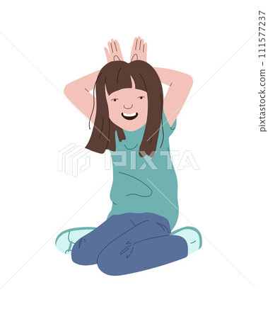 A cheerful, smiling young woman, the girl sits on her knees and holds her hands above her head like the ears of a hare. Vector illustration in flat style. A cheerful, smiling young woman, the girl sits on her knees and holds her hands above her head like the ears of a hare. Vector illustration in flat style. 111577237