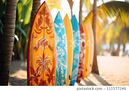 AI-generated content. surfboard on tropical beach in summer 111577240
