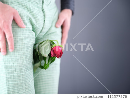 Withered rose flower sandwiched between man legs closeup 111577276