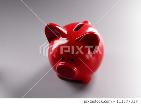Red piggy bank standing on gray background closeup Red piggy bank standing on gray background closeup 111577317