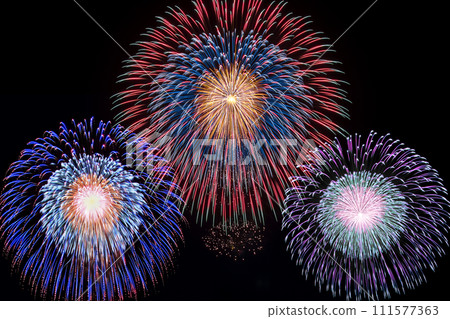 Beautiful fireworks in the summer night sky. Fireworks display image. Beautiful fireworks in the summer night sky. Fireworks display image. 111577363