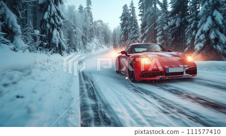 sports red car on a snowy road sports red car on a snowy road 111577410