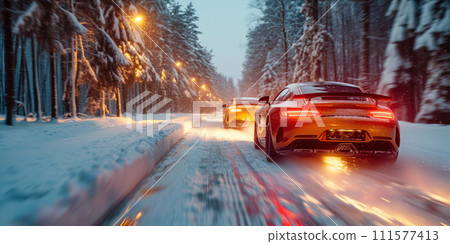 sports red car on a snowy road sports red car on a snowy road 111577413