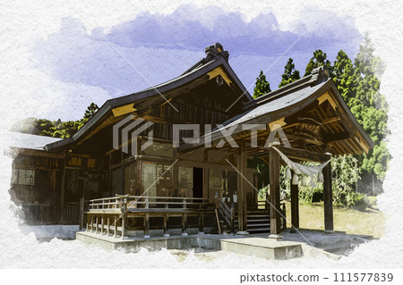 Watercolor style Joetsu Ita Shrine worship hall Joetsu City, Niigata Prefecture 111577839