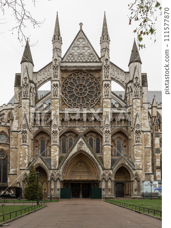 Exterior Architecture of The gothic Westminster Abbey (The Collegiate Church of St Peter at City of Westminster). 111577870