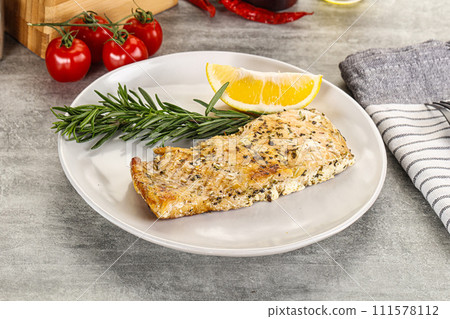 Baked salmon fish served rosemary 111578112