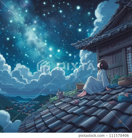 A girl sitting on the roof looking at the starry sky 111578406