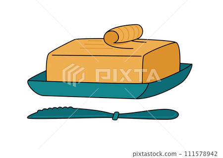 A curl of butter on a piece of butter and a knife. Cartoon flat illustration of dairy product 111578942