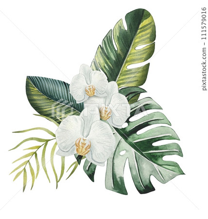 Hand drawn bouquet with tropical leaves and flowers, watercolor Hand drawn bouquet with tropical leaves and flowers, watercolor 111579016