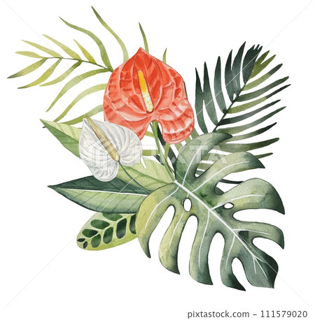 Hand drawn bouquet with tropical leaves and flowers, watercolor Hand drawn bouquet with tropical leaves and flowers, watercolor 111579020