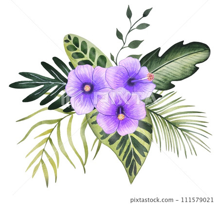 Hand drawn bouquet with tropical leaves and flowers, watercolor Hand drawn bouquet with tropical leaves and flowers, watercolor 111579021