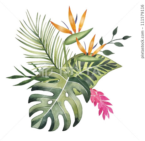 Hand drawn bouquet with tropical leaves and flowers, watercolor 111579116