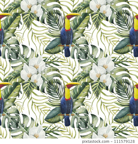 Seamless pattern with toucan and tropical leaves and flowers, watercolor 111579128
