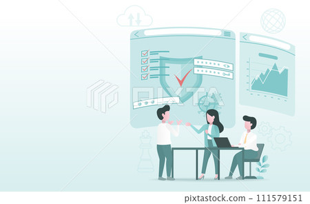 Business planning and discussing concept. Online meeting to protect data or anti virus. Connect, exchange, share information, solve problem, improve and develop. Flat vector design illustration. Business planning and discussing concept. Online meeting to protect data or anti virus. Connect, exchange, share information, solve problem, improve and develop. Flat vector design illustration. 111579151