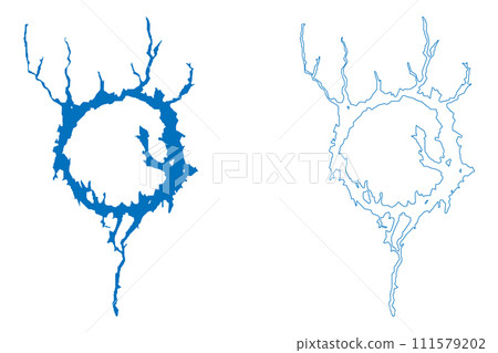 Manicouagan Lake (Canada, Quebec) map vector illustration, scribble sketch Reservoir Daniel-Johnson Dam, eye of Quebec map Manicouagan Lake (Canada, Quebec) map vector illustration, scribble sketch Reservoir Daniel-Johnson Dam, eye of Quebec map 111579202