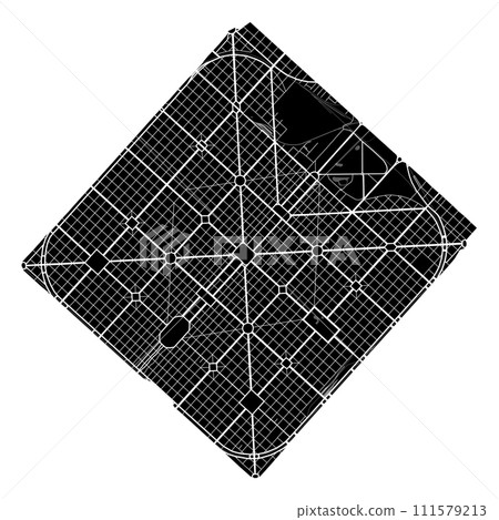 La Plata city map, Argentina. Municipal administrative borders, black and white area map with rivers and roads, parks and railways. La Plata city map, Argentina. Municipal administrative borders, black and white area map with rivers and roads, parks and railways. 111579213