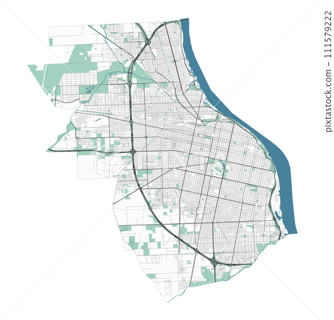 Rosario map, Rosario, city in Argentina. Municipal administrative area map with rivers and roads, parks and railways. Rosario map, Rosario, city in Argentina. Municipal administrative area map with rivers and roads, parks and railways. 111579222