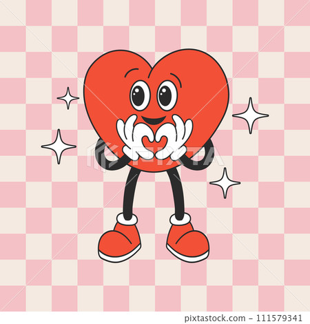 Heart funny cartoon character on retro background. Cartoon mascot heart. Fashionable smiley face in retro style. Vector 111579341
