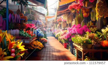 AI-generated content. Flower market with fresh flowers pots for sale. Small business, flower shop and customer service. Outdoor flower market with mimosa, ranunculuses, Generative AI 111579457
