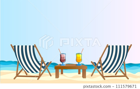 Wide banner. Sea coast, two deck chairs cocktails on the beach, sun sea and sand. Summer vacation in hot countries, beach holidays. Banner for advertising tours, travel, vacation 111579671