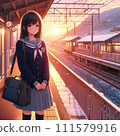 A girl in a uniform standing on the platform of a rural station 111579916