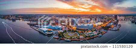 Norfolk, Virginia, USA downtown city skyline from over the Elizabeth River 111580120