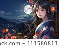 Full moon night in the ancient capital and a woman wearing a kimono 111580813