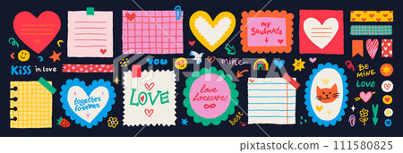 Paper valentine memo notes on stickers. Vector vintage sticky notes and pages with torn edges 111580825