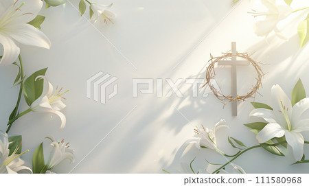 AI-generated content. Easter concept, Wooden cross, crown of thorns and blooming lilies on a light background. Postcard template for the religious Great Holiday of Holy Easter 111580968
