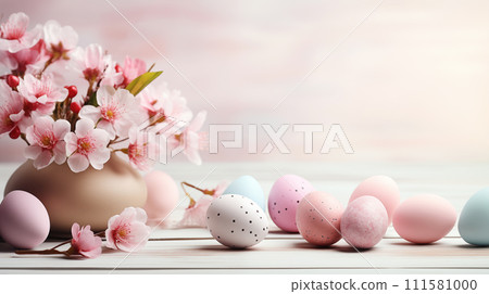 AI-generated content. Spring festive composition for Easter. Multicolored painted Easter eggs among cherry blossoms on blue background 111581000