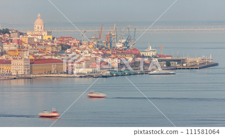 Panorama of Lisbon historical center terreiro do paco aerial timelapse. Floating ships at ferry terminal Panorama of Lisbon historical center terreiro do paco aerial timelapse. Floating ships at ferry terminal 111581064