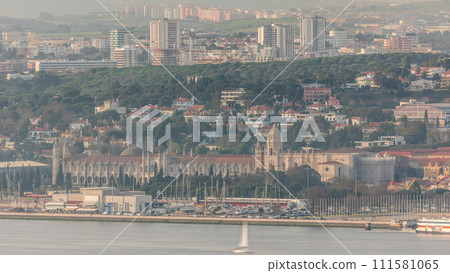 Lisbon cityscape with Jeronimos Monastery and Emprie Square and park timelapse. Lisbon, Portugal Lisbon cityscape with Jeronimos Monastery and Emprie Square and park timelapse. Lisbon, Portugal 111581065