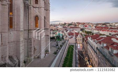 Panorama showing Alfama and Baixa districts of Lisbon aerial day to night timelapse, Portugal Panorama showing Alfama and Baixa districts of Lisbon aerial day to night timelapse, Portugal 111581082