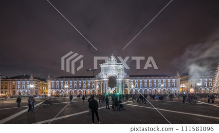 Panorama showing Commerce square illuminated and decorated at Christmas time in Lisbon night timelapse. Portugal 111581096
