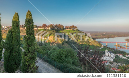 Panorama showing the Castle of Almourol on hill in Santarem aerial timelapse. Portugal 111581118
