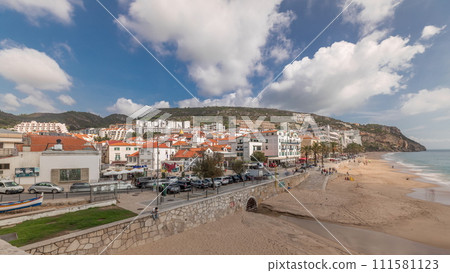 Panorama showing aerial view of Sesimbra Town and seaside timelapse, Portugal. 111581123