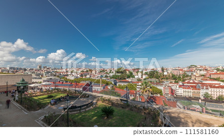 Panorama showing aerial view over the center of Lisbon timelapse from Miradouro de Sao Pedro de Alcantara Panorama showing aerial view over the center of Lisbon timelapse from Miradouro de Sao Pedro de Alcantara 111581160