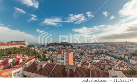 Panorama showing Lisbon famous aerial view from Miradouro da Senhora do Monte tourist viewpoint timelapse 111581174