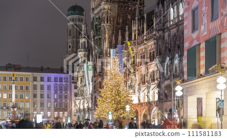 Marienplazt Old Town Square with New Town Hall night timelapse. Bavaria, Germany Marienplazt Old Town Square with New Town Hall night timelapse. Bavaria, Germany 111581183