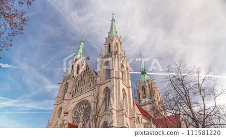 St. Paul's Church or Paulskirche timelapse. Looking up perspective. Munich, Bavaria, Germany. St. Paul's Church or Paulskirche timelapse. Looking up perspective. Munich, Bavaria, Germany. 111581220