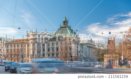 Exterior view of the Palace of Justice at the Karlsplatz timelapse in Munich, the capital of Bavaria, Germany. 111581239