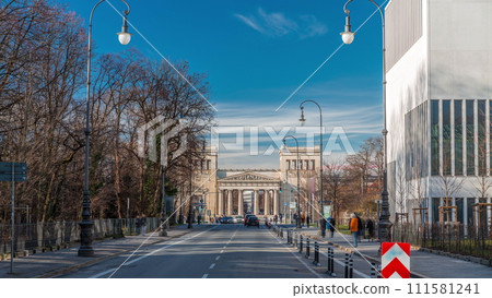 Propylaea or Propylaen timelapse from above. Monumental city gate in Konigsplatz, Munich, Germany, Europe. 111581241