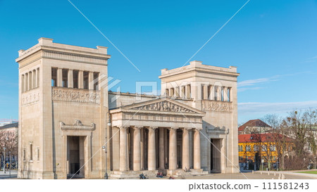 Propylaea or Propylaen timelapse from above. Monumental city gate in Konigsplatz, Munich, Germany, Europe. 111581243