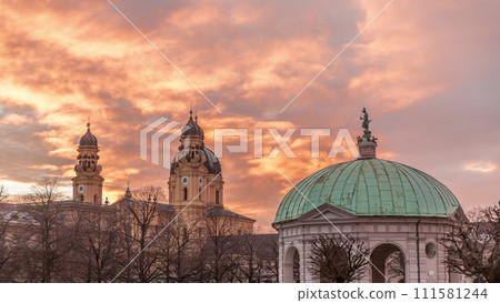The Diana pavilion temple with statue of Bavaria in the center of the Court Garden residence Garden in Munich timelapse 111581244