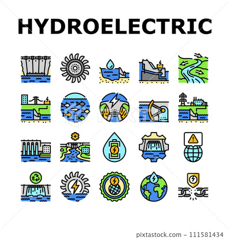 hydroelectric power plant energy icons set vector 111581434
