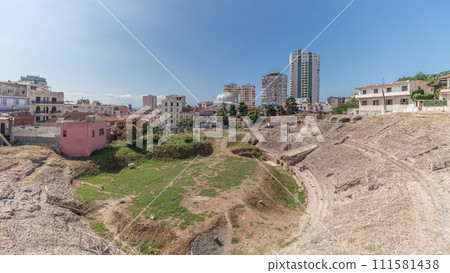Panorama showing the Amphitheatre of Durres timelapse. 111581438