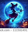 Magical girl flying on a broom on Halloween night 111581491